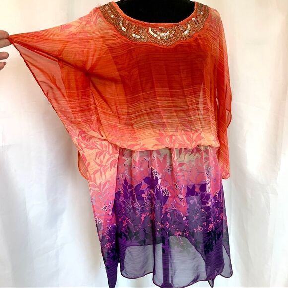 Nichii Beach cover-up sequin Sunset colours short sleeve chiffon kimono blouse - Picture 3 of 12
